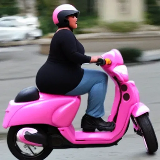 Image similar to a paparazzi photo of extremely obese Kim Kardashian riding a pink moped, her mouth is wide open, award winning