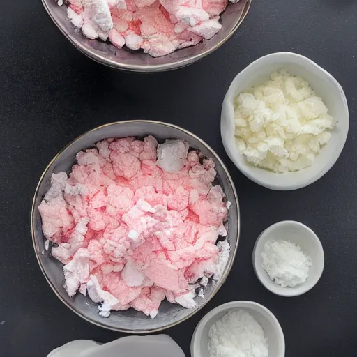 Prompt: white pink unjustifiable food chunks in styrofoam bowl,