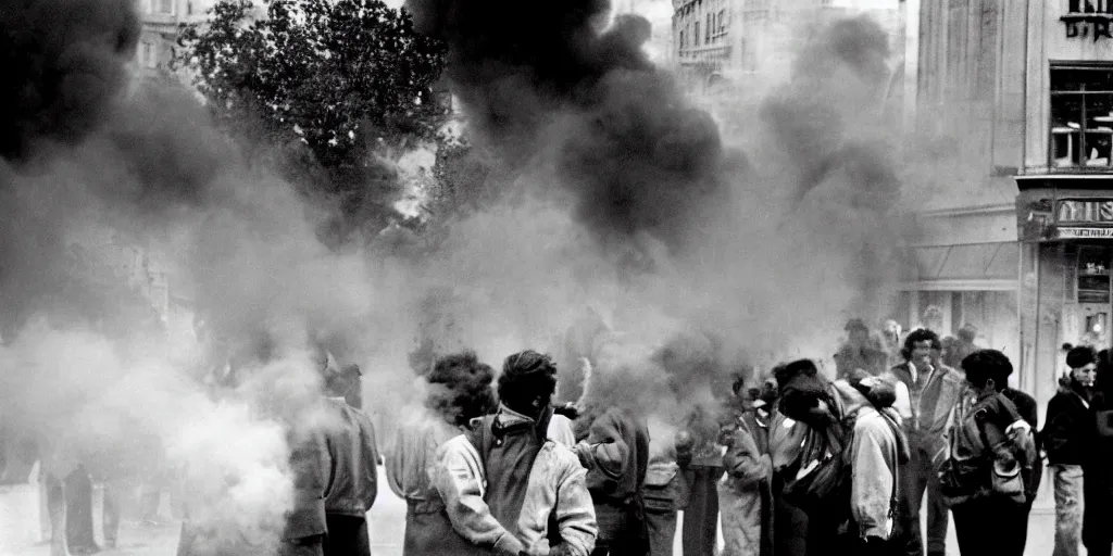 Prompt: street photo, revolution, smoke on the street, a thousands of people closeup, film photography, exposed b & w photography, christopher morris photography, bruce davidson photography, peter marlow photography