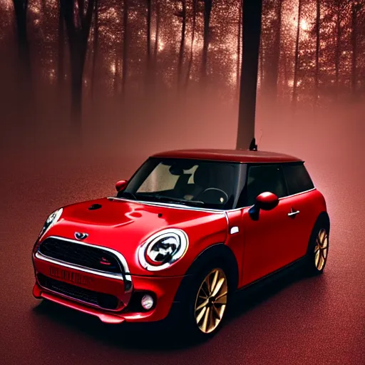 Image similar to parked red Mini Cooper S, fog, rain, volumetric lighting, beautiful, golden hour, sharp focus, highly detailed, cgsociety, widescreen