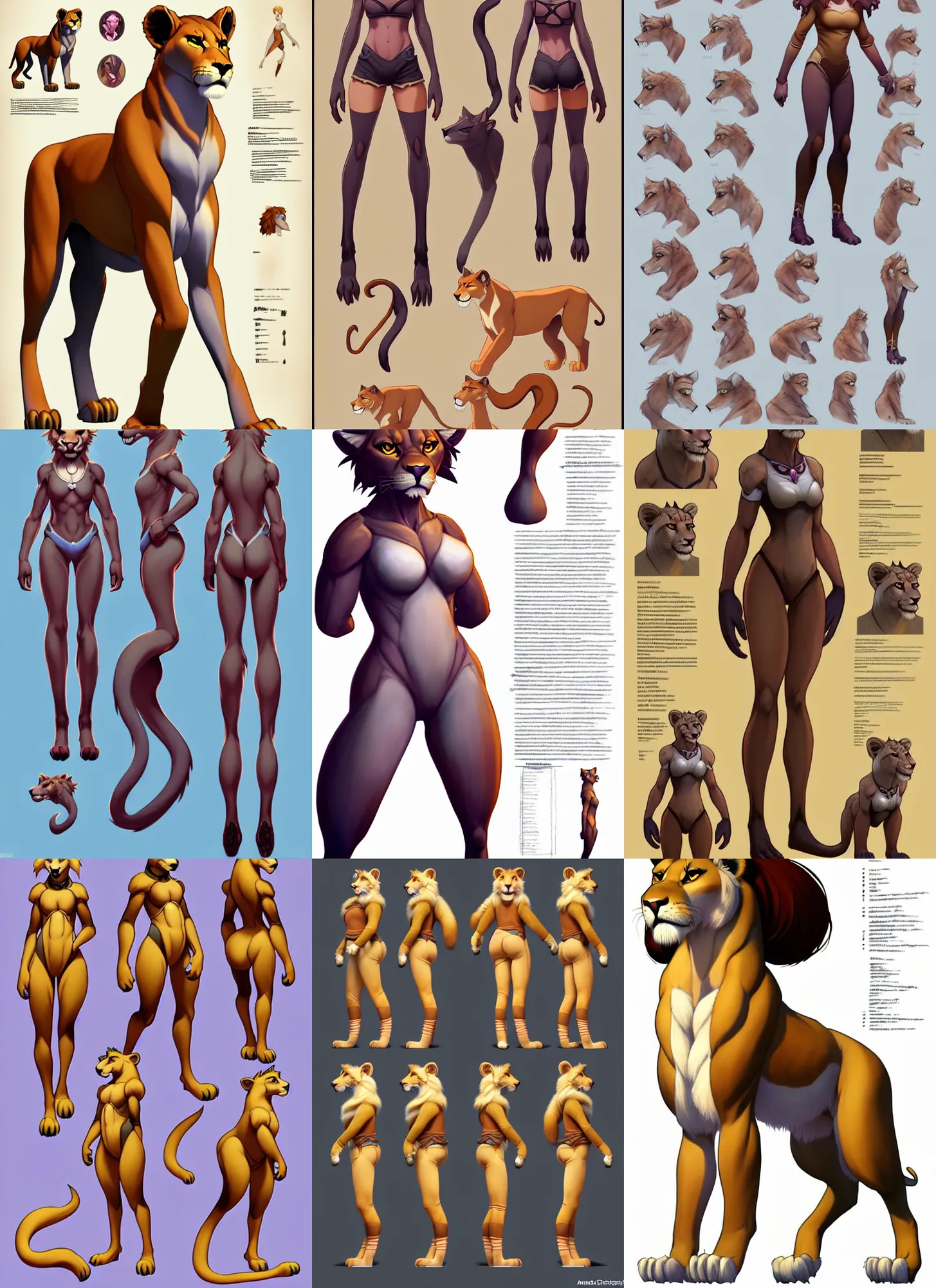 Prompt: beautiful full body portrait of a strong female anthropomorphic lioness fursona queen character reference sheet. character design by disney, anime, manga, charlie bowater, ross tran, artgerm, and makoto shinkai, detailed, soft lighting, rendered in octane