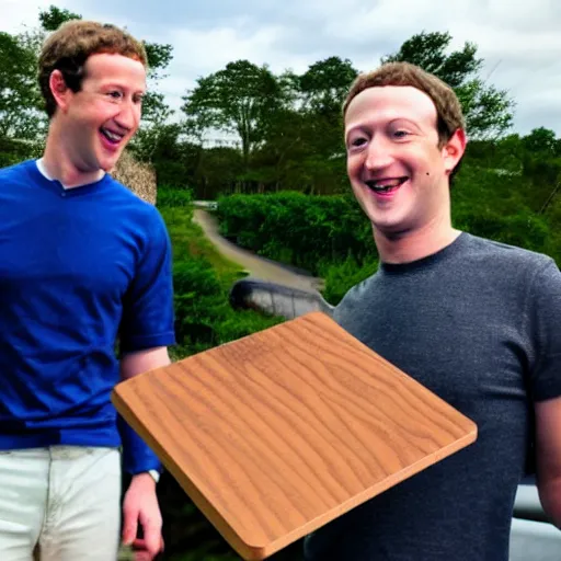 Image similar to mark zuckerberg holding a wooden coaster up to the camera