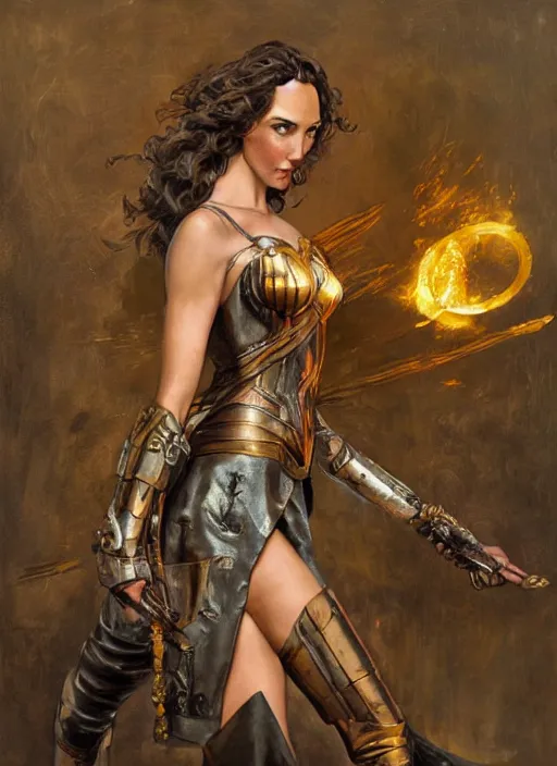 Image similar to oil painting highly detailed steampunk gal gadot action pose : leonardo da vinci, greg rutkowski, magali villeneuve