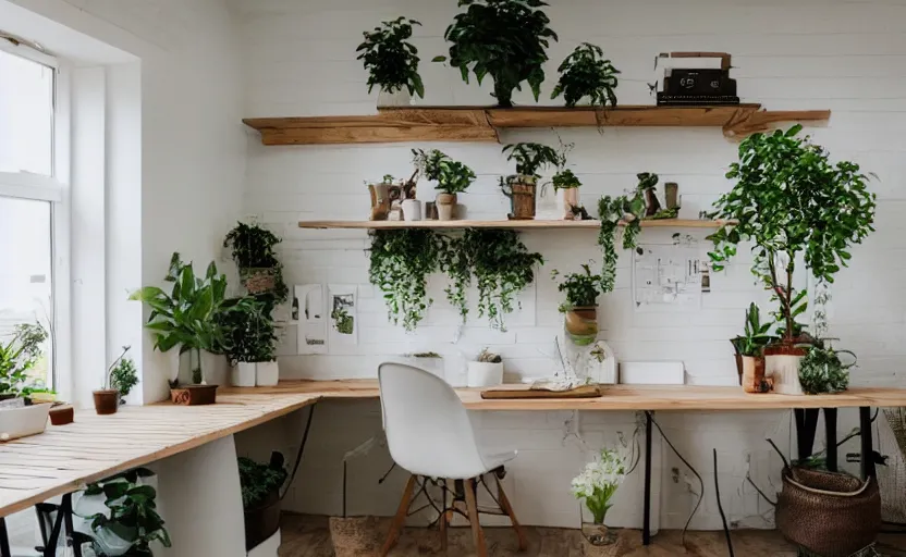 Prompt: cottage style office interior, rustic wood, stucco beige walls, multiple desks, white, bright, minimalistic, potted plants, cupboards, large windows with a view of a park, swedish design, bohemian, green