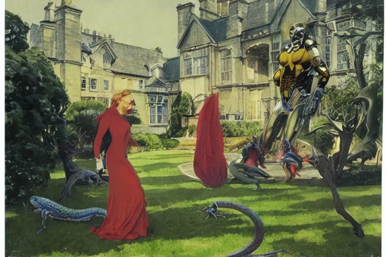 Image similar to pulp scifi illustration, elegant woman meets lizard alien on lawn of beautiful english stately home, spacehip lands, by norman rockwell, david curtis, jack kirby, john berkey, bergey, craig mullins, ruan jia, raymond swanland, jeremy mann, beksinski, tom lovell, alex malveda, schomburg