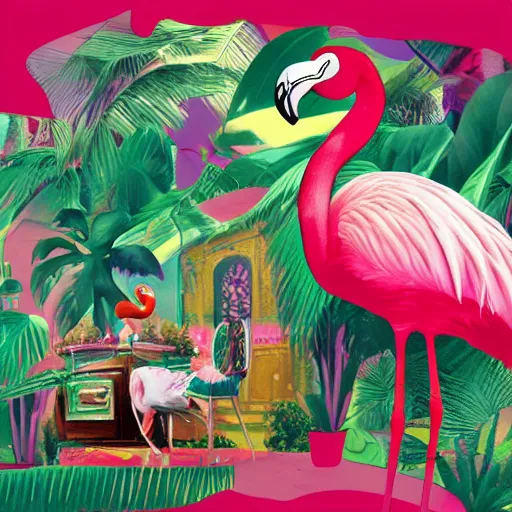 Prompt: the flamingo cafe, plunderphonic collage album cover, trending on artstation
