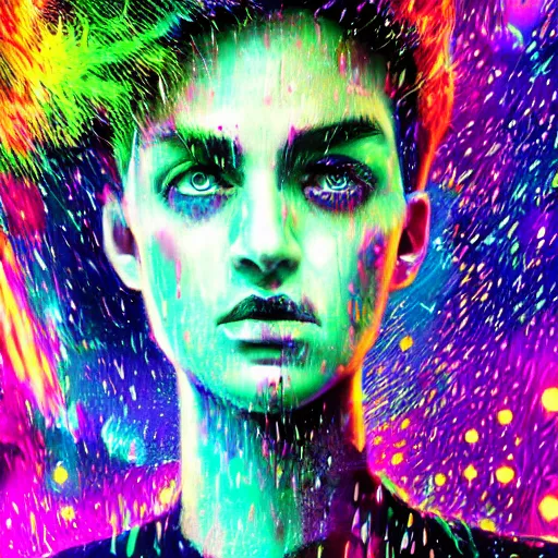 Prompt: splashes of neon galaxies, mowhawk, punk women portrait made out of paint with rain in the background, trending on artstation, epic composition, emotional, beautiful, rendered in octane, highly detailed, realistic, tim burton comic book art, sharp focus, matte painting, unreal engine