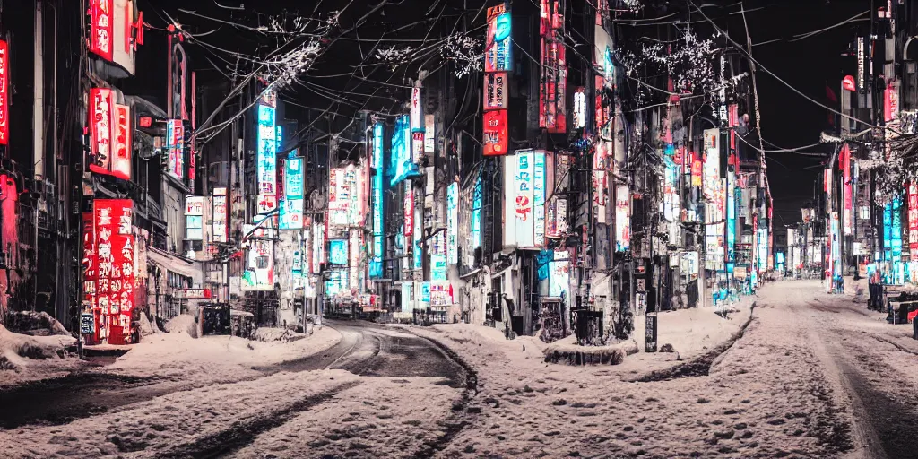 Image similar to a city street at night, snowing, photograph, cyberpunk, sharp focus, intricate detail, drone shot, high resolution, 8k, neon streetlights, wires hanging down everywhere, Japan, colourful, Shrine in centre,