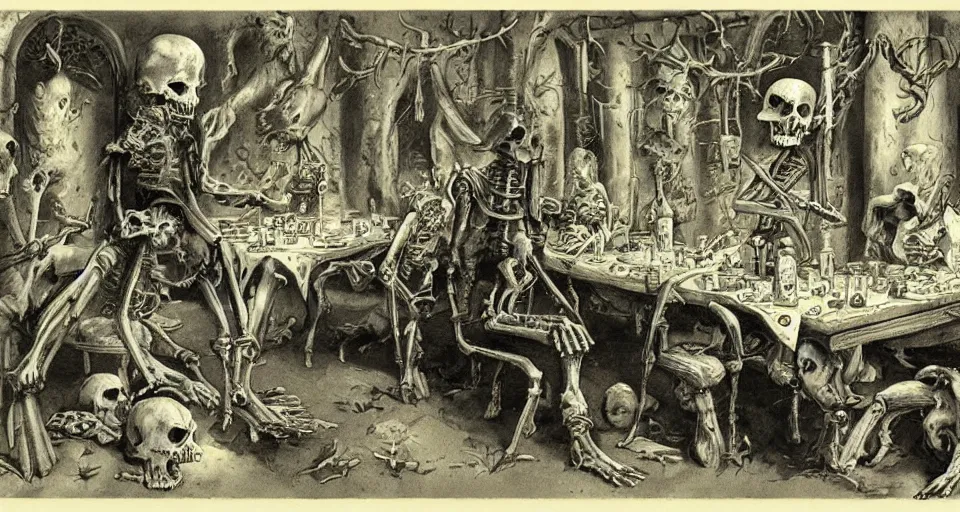 Prompt: Vintage fantasy art of a necromancer being served dinner by his loyal skeletons.