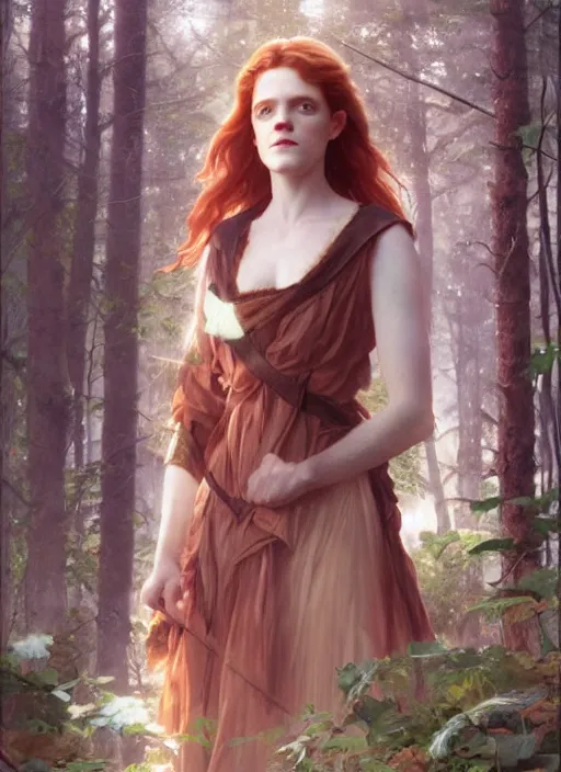 Image similar to portrait Rose Leslie as fox in the forest, full length shot, shining, 8k highly detailed, sharp focus, illustration, art by artgerm, mucha, bouguereau