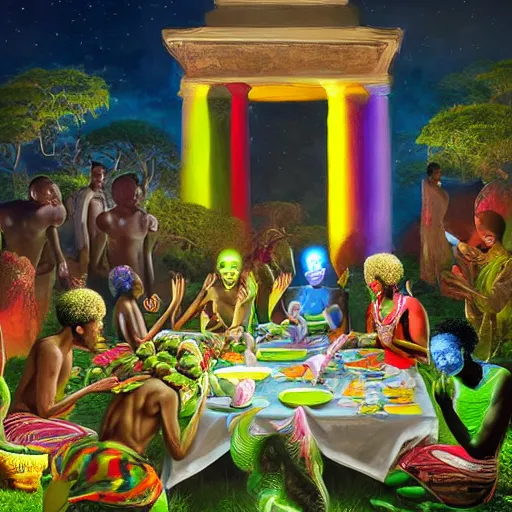 Prompt: A PHOTOREALISTIC 8K RESOLUTION PAINTING OF AN ALIEN TEA PARTY WITH THEIR FRIENDS FROM THE AFRICAN TRIBE IN FRONT OF THE TEMPLE OF THE MOON WITH BIOLUMINESCENT MUSHROOMS AND RAINBOW FIREFLIES, BY greg rutkowski and thomas Blackshear