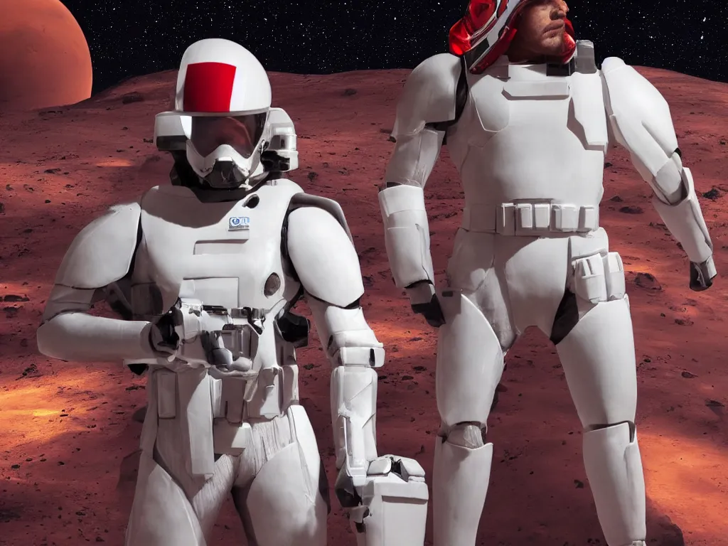 Image similar to gigachad space trooper in glossy sleek white armor with small red details, no helmet, long red cape, heroic posture, firing laser rifle, on the surface of mars, explosions in the background, night time, dramatic lighting, cinematic, sci-fi, hyperrealistic, movie still