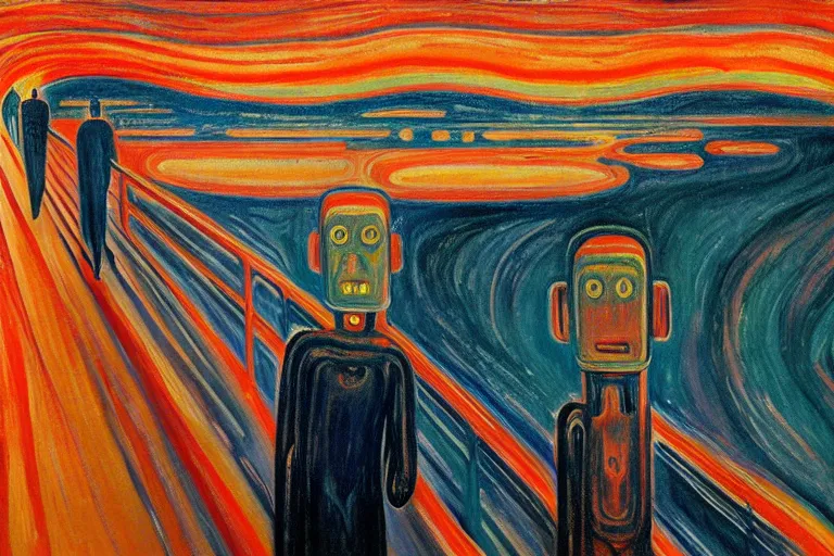 Prompt: the visionary robot, oil painting by edvard munch