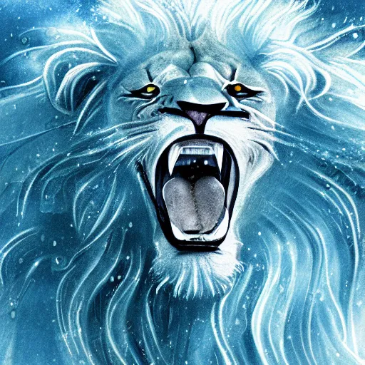 Image similar to a male lion's face breaching through a wall of water, water sprites, splashing, deep blue water color, highly detailed, realistic digital art