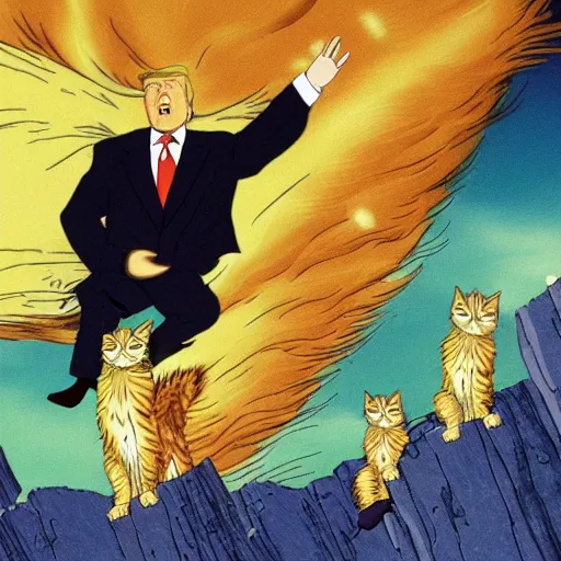 Prompt: donald trump ascending to the heaviside layer in the movie cats, by studio ghibli, hyper - detailed