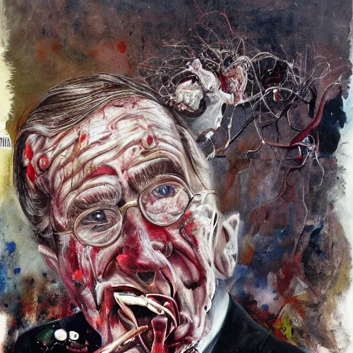 Prompt: George Bush, hyper-realistic oil painting, Body horror, biopunk, by Ralph Steadman, Francis Bacon, Hunter S Thompson