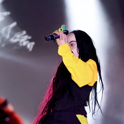 Image similar to photo of billie eilish with black hair jumping onto stage