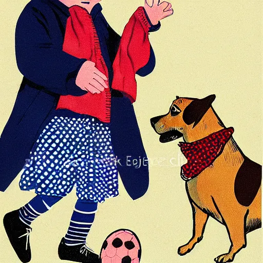 Image similar to book illustration of a french boy on the streets of paris playing football against a corgi, the dog is wearing a polka dot scarf, 1 9 6 6