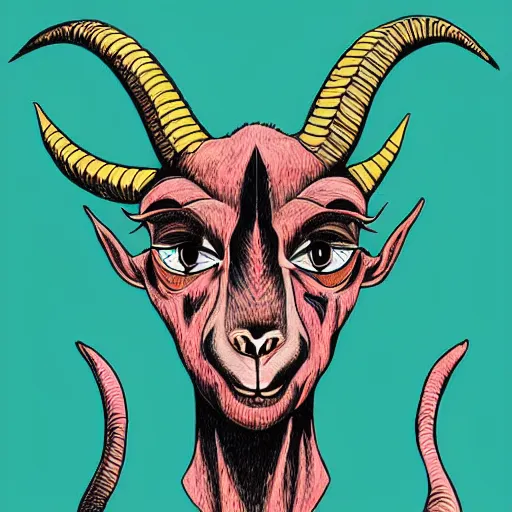 Image similar to goat - headed devil, looking at the camera, holding a human head, whose eyes are still wide. symmetrical anatomy, very detailed design, complexity of the picture, with pop punk style, colorful, accompanied by body, pure image without duplication, trending dribble, drawn by vinicius gud and gustavo zambelli