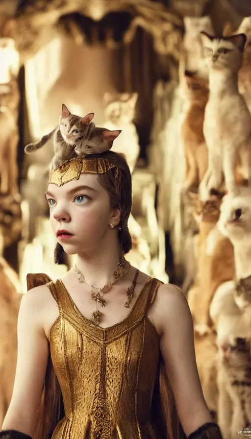 Image similar to dressed anya taylor - joy as goddess of the cats, symmetrical, cinematic, elegant, real photography, 4 k, ultra hd, sense of awe