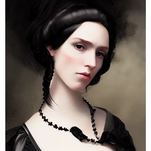 Prompt: a beautiful young woman, pale skin, black long hair, aristocrat, black expensive dress from 1 8 6 0, digital art, studio photo, realistic, artstation, high quality, wild west