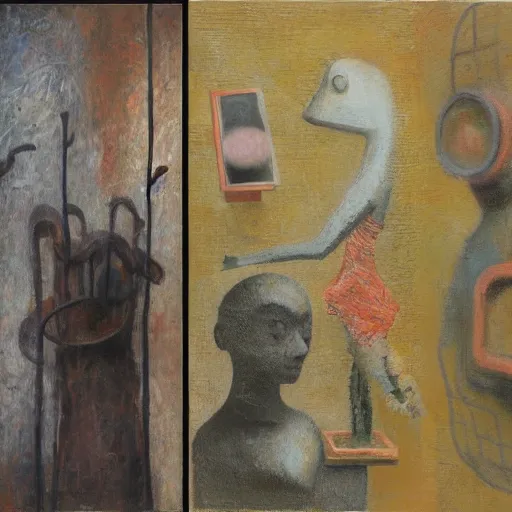 Image similar to a detailed, impasto painting by shaun tan and louise bourgeois of an abstract forgotten sculpture by ivan seal and the caretaker, faceless past
