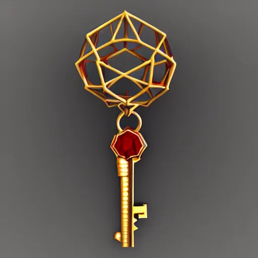 Image similar to a 3d game object of the metal key for the cage that has shape of the dragon and large red diamond in it, it is very detailed, on the white background, rpg game inventory item