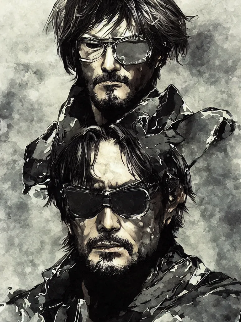 Image similar to “A centered portrait painting of hideo kojima by yoji shinkawa, trending on art station, metal gear solid”