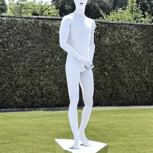 Prompt: a realistic detailed photo of a guy who is an attractive humanoid who is half robot and half humanoid, who is a male android, soccer player martin ødegaard, shiny skin, posing like a statue, blank stare, by the pool, on display, showing off his muscles, mannequin stand
