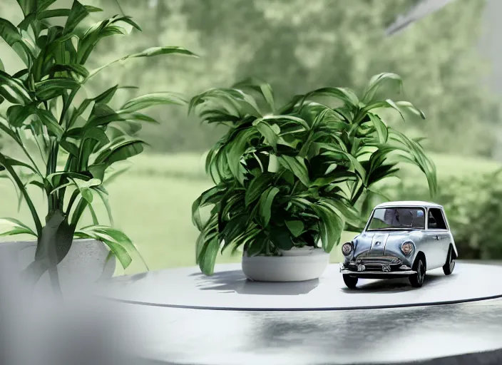 Prompt: a small miniature of a Mini Cooper S 1963 on a white table near a vase with a plant, 3d render, octane render, unreal engine 5, path tracing, serene landscape, calm, relaxing, beautiful landscape, highly detailed, high quality, 4k, symmetrical, low contrast, view from above