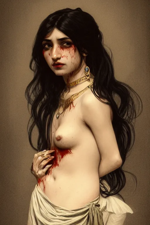 Prompt: 3 / 4 portrait, vampire, brown skin, night, long black hair, prussian blue shirt, beautiful, victorian salon as the background, bloodied mouth, jewelry, alphonse mucha, william bouguereau, rossdraws, greg rutkowski, super detailed, realistic, octane render, volumetric, cinematic, 8 k