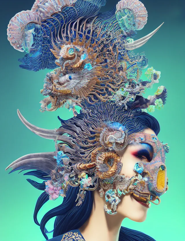 Image similar to 3 d goddess close - up profile solarpunk portrait ram skull. beautiful intricately detailed japanese crow kitsune mask and clasical japanese kimono. betta fish, jellyfish phoenix, bio luminescent, plasma, ice, water, wind, creature, artwork by tooth wu and wlop and beeple and greg rutkowski