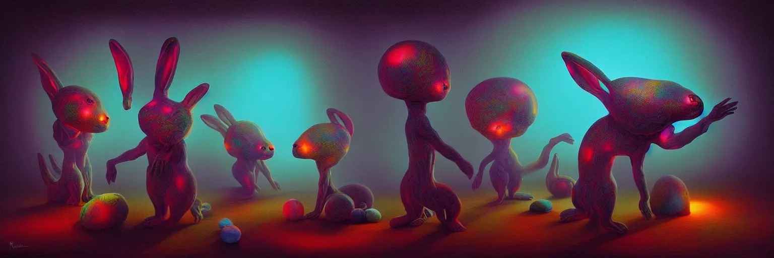 Prompt: strange alien bunny creatures made from brain matter and ceramic konenberg from the depths of the collective unconscious, dramatic lighting, surreal darkly colorful painting by ronny khalil