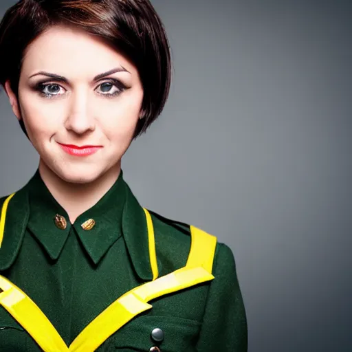 Image similar to brunette woman, short hair, flipped out hair, bright green eyes, fascist uniform, smirk