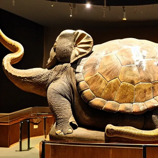 Prompt: medium-shot turtle with four elephants and fantasy world on its shell in the museum,