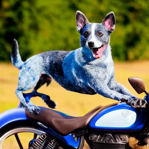 Image similar to blue heeler dog on a motorcycle, 8 k photography, blurred background of a wafflehouse