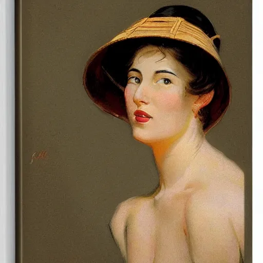 Image similar to frontal portrait of a woman wearing a rice hat, by j. c. leyendecker