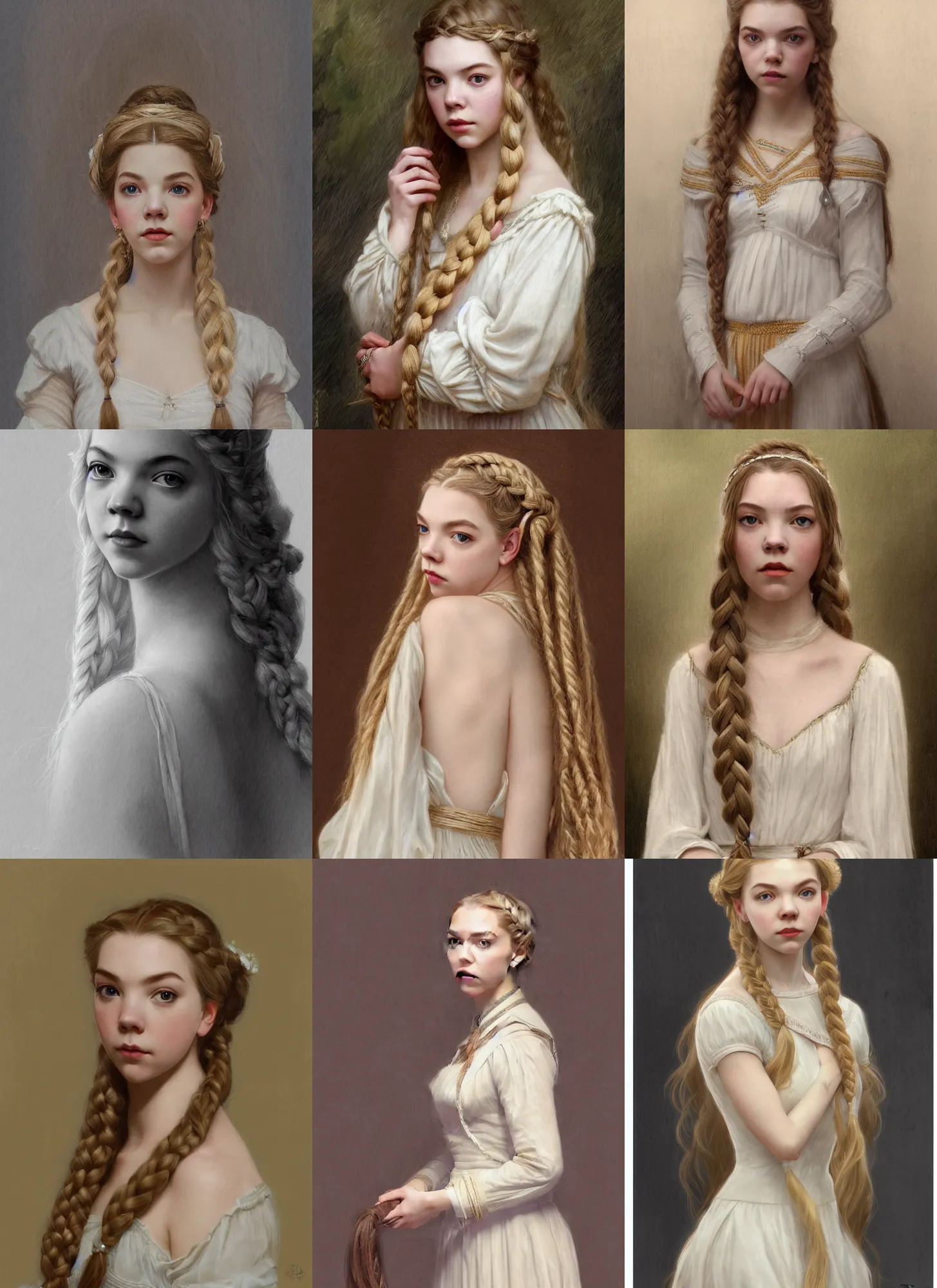 Prompt: portrait anya taylor-joy, long blond braided hair, white traditional dress, intricate, elegant, highly detailed, artstation, concept art, smooth, sharp focus, illustration, bouguereau, rutkowski, mucha