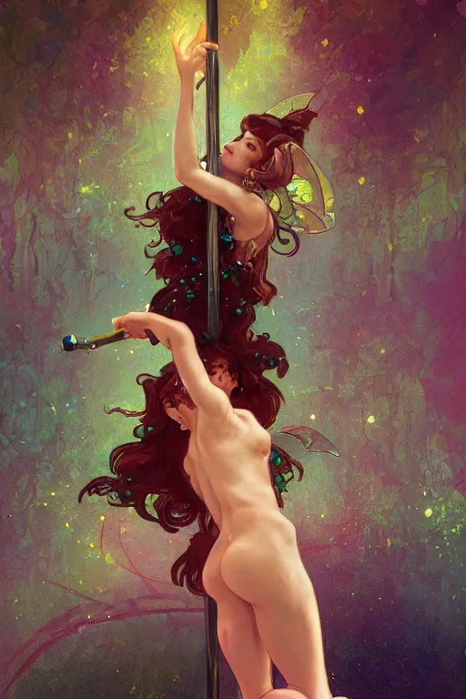 Image similar to A beautiful pole dancing fairie, cinematic lighting, soft bokeh, fantasy, modern, colourful, highly detailed, digital painting, artstation, deviantart, concept art, sharp focus, illustration, by alphonse mucha