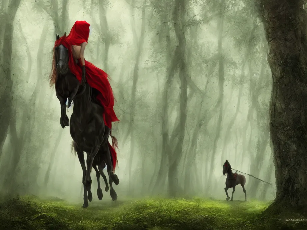 Prompt: a female beauty with red cap rides on a strong black horse slowly through a dense misty green oak and beech forrest, rays of life, cinematic, fantasy art, moody morning light, cryengine, trending on artstation, by john howe, by ridley scott, by peter jackson