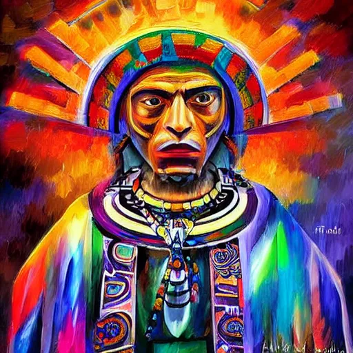 Prompt: DMT Aztec Priest artwork by Afremov, Leonid