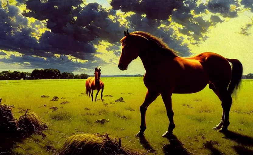 Image similar to a masterpiece oil painting of a horse backlit in a pasture. ultra wide angle, fantasy art, norman rockwell, alex ross, heroic lighting, romance novel cover, very very very beautiful raytraced rendering