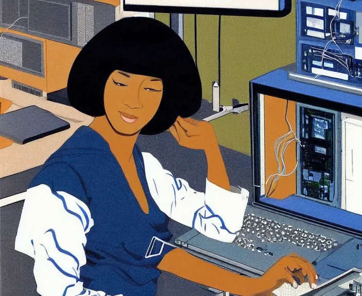 Prompt: dark skin woman wearing a white lab coat dark, blue bob haircut to shoulder, body connected to wires, connected to 1 9 8 0 s computers, painted by yoshitoshi abe, dynamic lighting, dark ambience,