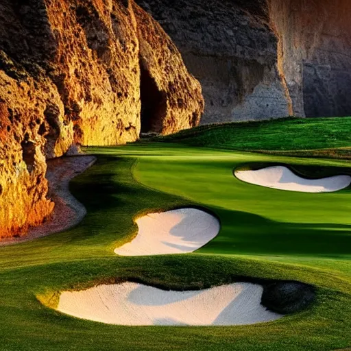 Image similar to a great photo from ground level of the most amazing golf hole in the world, cliffs by the sea, perfect green fairway, ambient light, golden hour