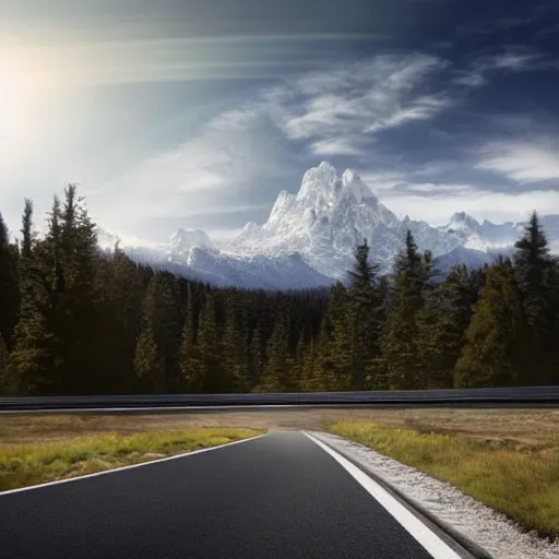 Image similar to an expansive view of a futuristic containment building with a road leading up to it in a forested valley and snow - capped mountains in the distance, national geographic, hyper realistic, 4 k, dusty light