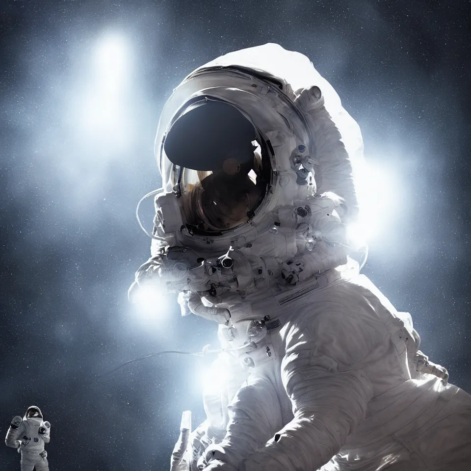 Image similar to portrait of a astronaut wearing head phones by ben templesmith, epic composition, hd, volumetric lighting, light rays, masterpiece, award - winning