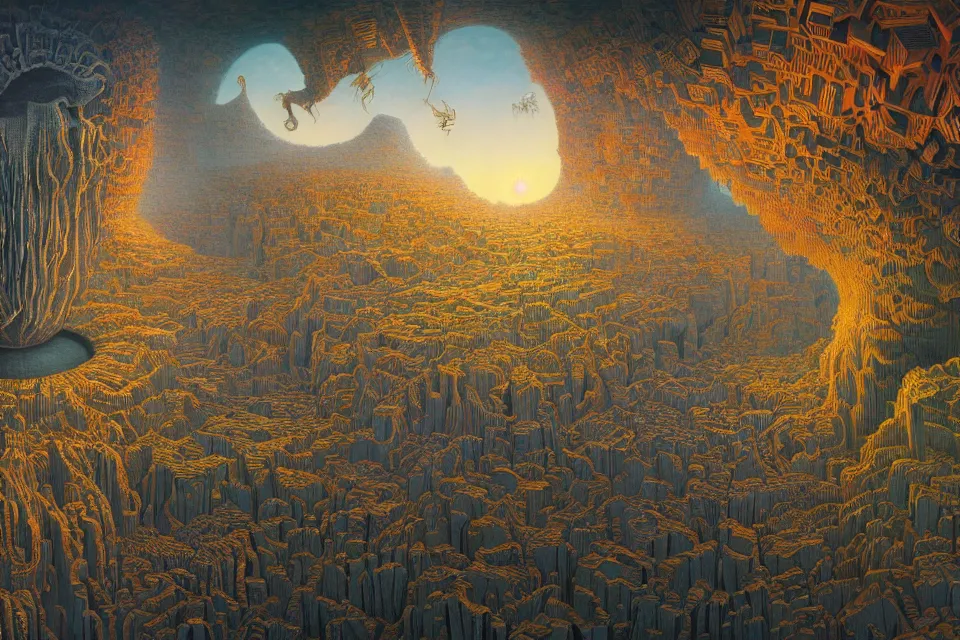 Image similar to hyper detailed 3d render like a Oil painting - journey to the center of the earth, by Jacek Yerka, Mariusz Lewandowski, Houdini algorithmic generative render, Abstract brush strokes, Masterpiece, Edward Hopper and James Gilleard, Zdzislaw Beksinski, Mark Ryden, Wolfgang Lettl, hints of Yayoi Kasuma, octane render, 8k