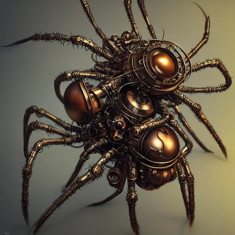 Prompt: steampunk spider, biomechanical, 3 d model, unreal engine realistic render, 8 k, micro detail, intricate, elegant, highly detailed, centered, digital painting, artstation, smooth, sharp focus, illustration, artgerm, tomasz alen kopera, by wlop