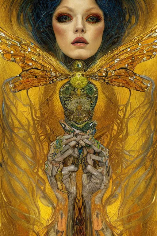 Image similar to Metamorphosis by Karol Bak, Jean Deville, Gustav Klimt, and Vincent Van Gogh, transformation portrait, chimera, visionary, cicada wings, otherworldly, fractal structures, ornate gilded medieval icon, third eye, hybrid, dynamic, change, spirals, horizontal symmetry