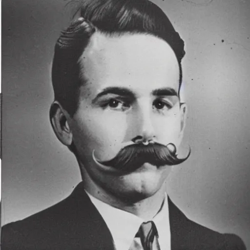 Image similar to newspaper photo from 40s of a sidecut hair toupet stern looking slim medical doctor with a simple mustache